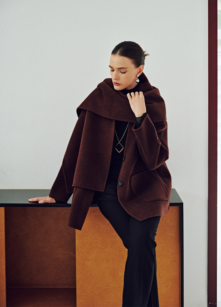 質感混羊絨無領口袋短大衣